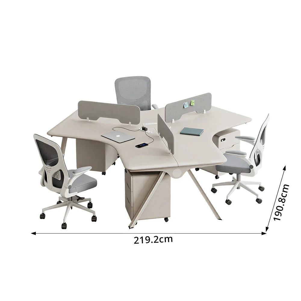 LUXORA 3 Person Office Desk Set Modern Lacquer Workstation with Storage Cabinets & Chairs - Cream
