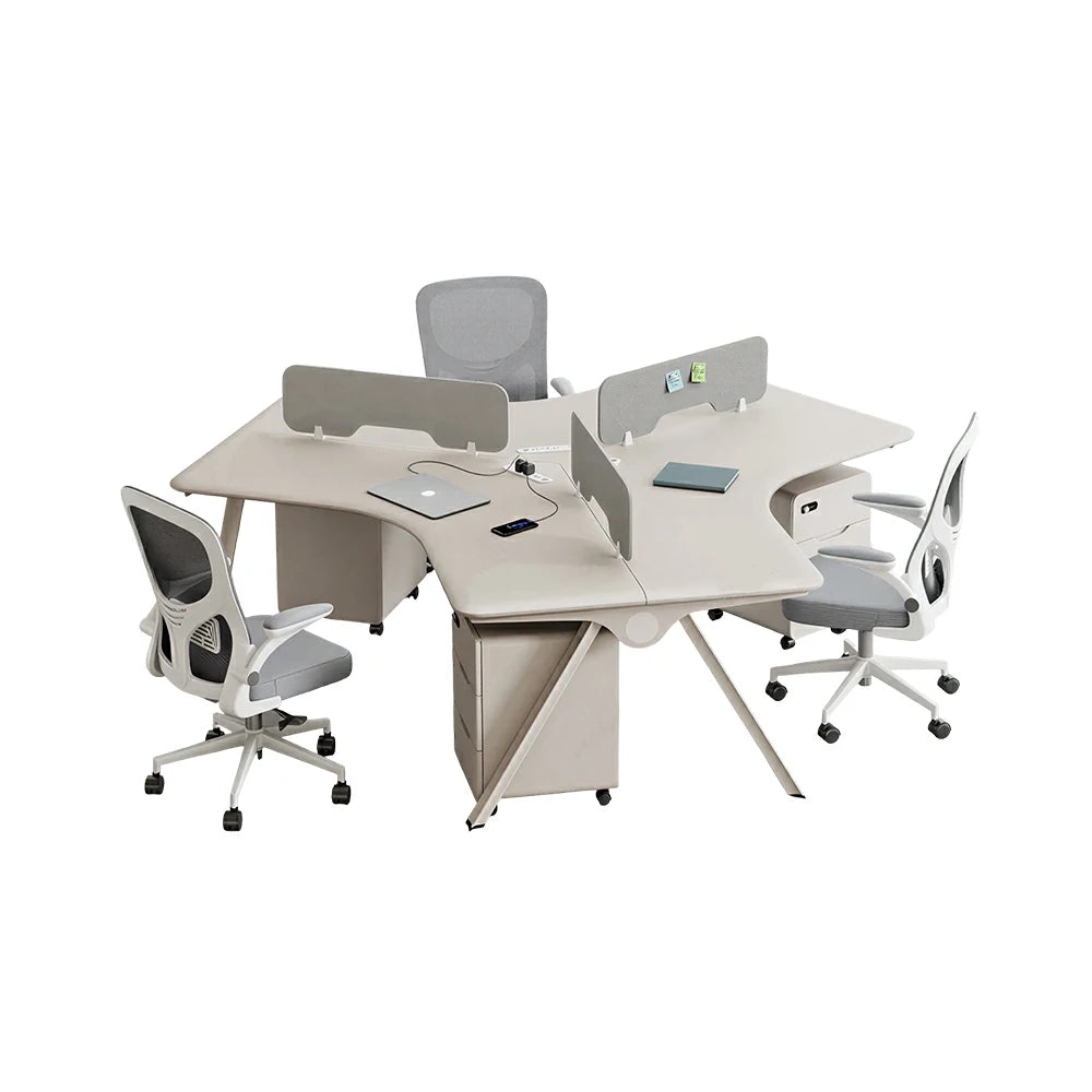 LUXORA 3 Person Office Desk Set Modern Lacquer Workstation with Storage Cabinets & Chairs - Cream
