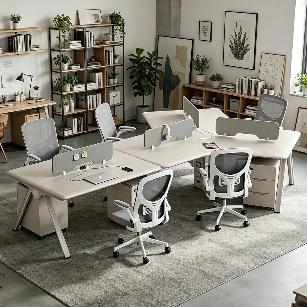 LUXORA 5 Person Office Desk Set Modern Lacquer Workstation with Storage Cabinets & Chairs - Cream