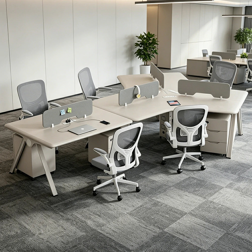 LUXORA 5 Person Office Desk Set Modern Lacquer Workstation with Storage Cabinets & Chairs - Cream