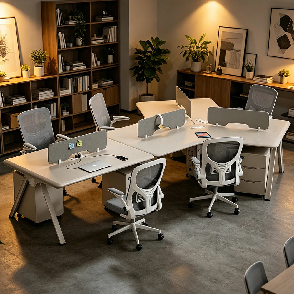 LUXORA 5 Person Office Desk Set Modern Lacquer Workstation with Storage Cabinets & Chairs - Cream