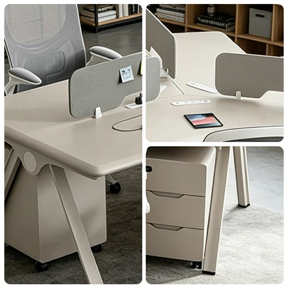 LUXORA 5 Person Office Desk Set Modern Lacquer Workstation with Storage Cabinets & Chairs - Cream