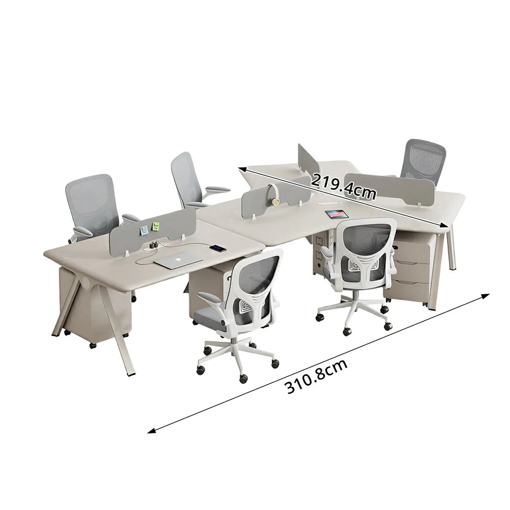 LUXORA 5 Person Office Desk Set Modern Lacquer Workstation with Storage Cabinets & Chairs - Cream