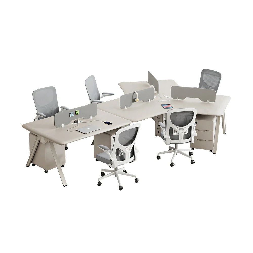 LUXORA 5 Person Office Desk Set Modern Lacquer Workstation with Storage Cabinets & Chairs - Cream