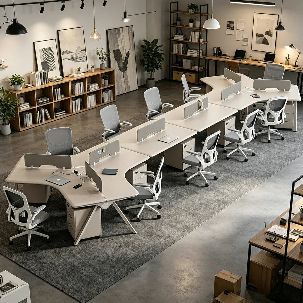 LUXORA 10 Person Office Desk Set Modern Lacquer Workstation with Storage Cabinets & Chairs - Cream