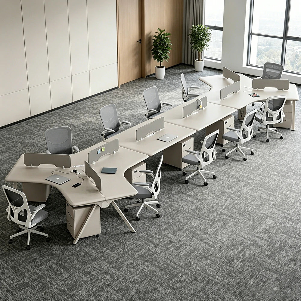 LUXORA 10 Person Office Desk Set Modern Lacquer Workstation with Storage Cabinets & Chairs - Cream