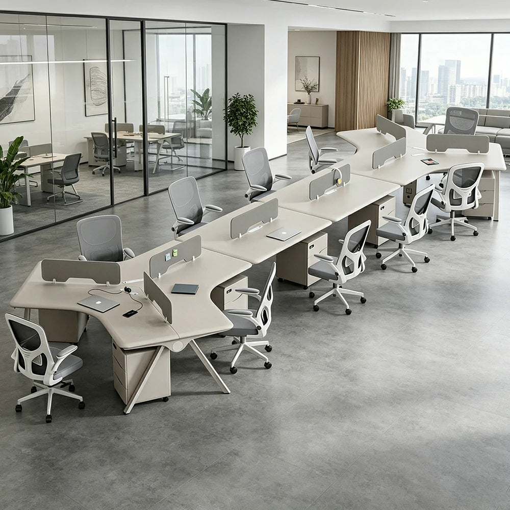 LUXORA 10 Person Office Desk Set Modern Lacquer Workstation with Storage Cabinets & Chairs - Cream