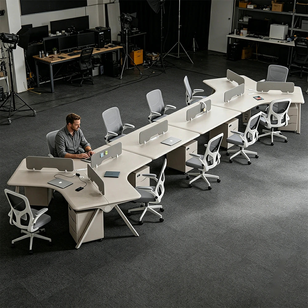 LUXORA 10 Person Office Desk Set Modern Lacquer Workstation with Storage Cabinets & Chairs - Cream