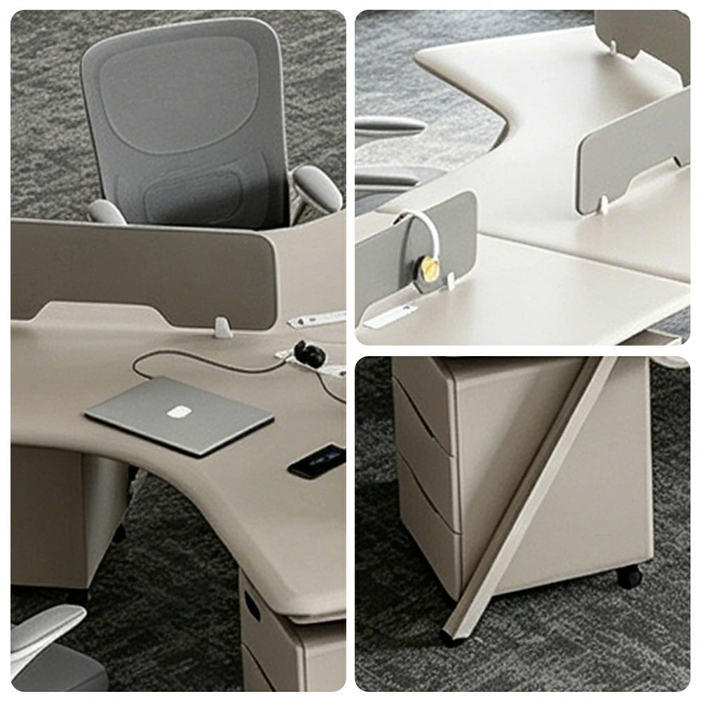 LUXORA 10 Person Office Desk Set Modern Lacquer Workstation with Storage Cabinets & Chairs - Cream