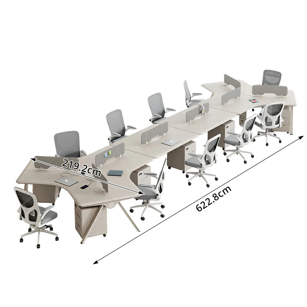 LUXORA 10 Person Office Desk Set Modern Lacquer Workstation with Storage Cabinets & Chairs - Cream