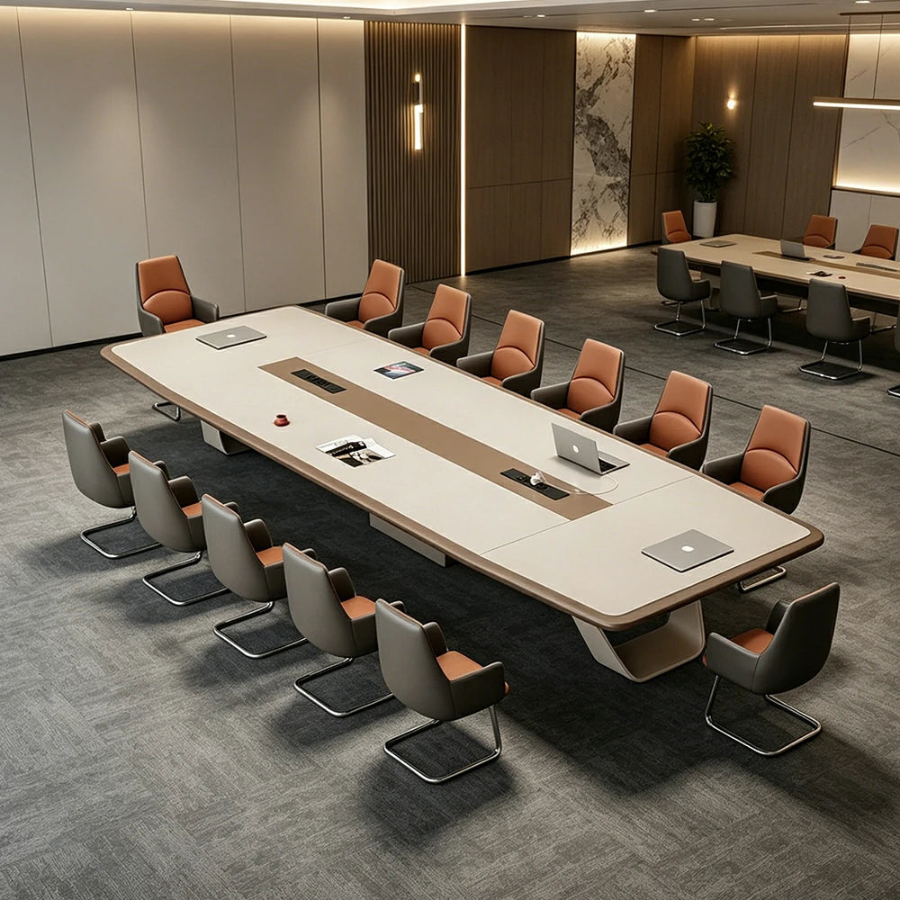 LUXORA 2.4m Executive Conference Table Set Premium Lacquer Desk with 8 Leather Chairs - Cream