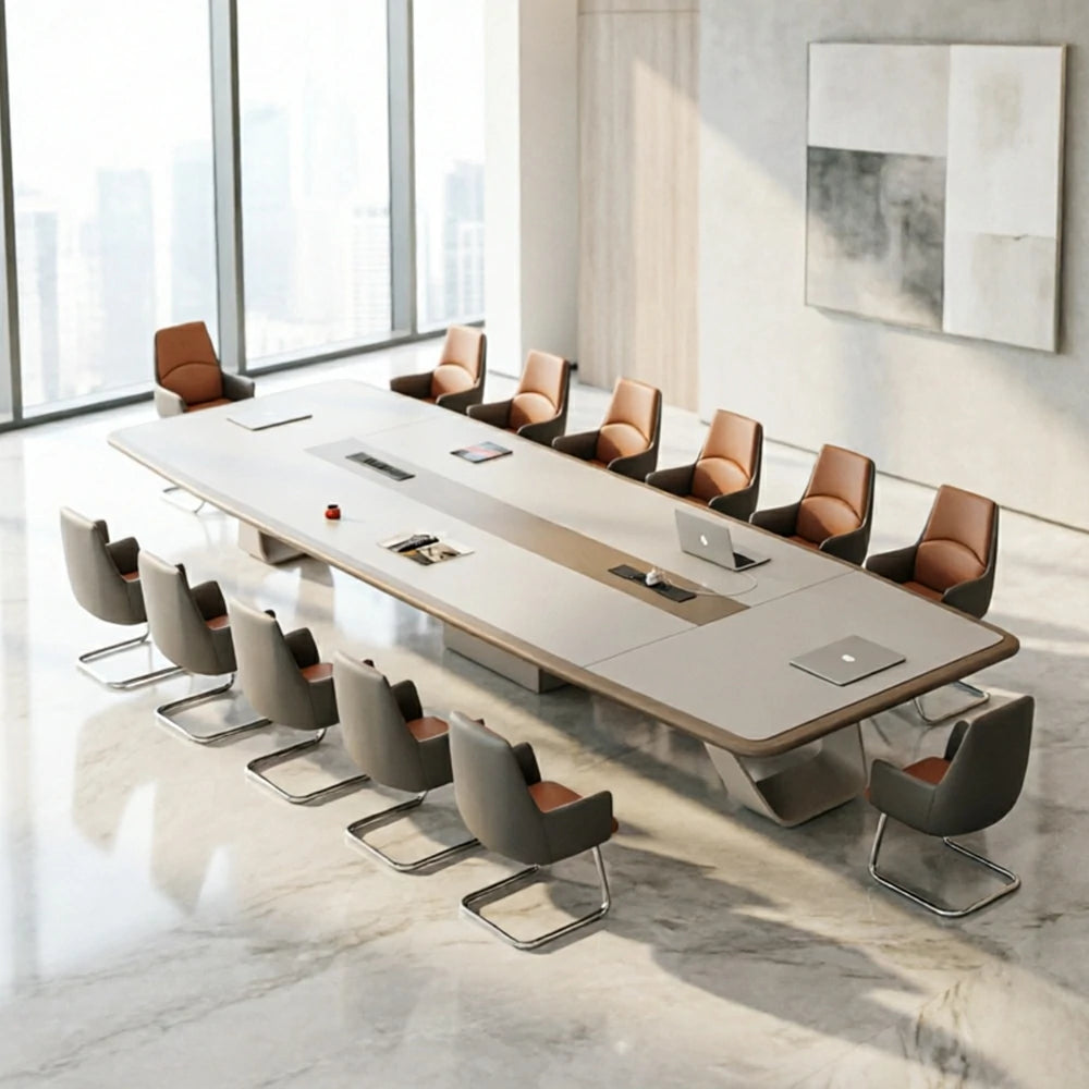 LUXORA 2.4m Executive Conference Table Set Premium Lacquer Desk with 8 Leather Chairs - Cream