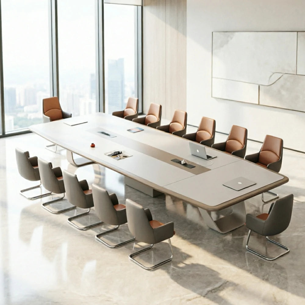 LUXORA 2.4m Executive Conference Table Set Premium Lacquer Desk with 8 Leather Chairs - Cream