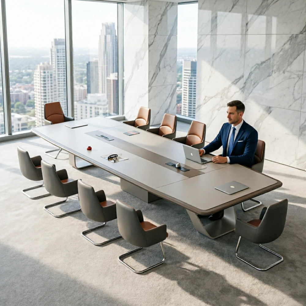 LUXORA 2.4m Executive Conference Table Set Premium Lacquer Desk with 8 Leather Chairs - Cream