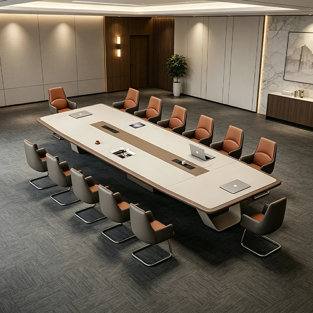 LUXORA 3.2m Executive Conference Table Set Premium Lacquer Desk with 10 Leather Chairs - Cream
