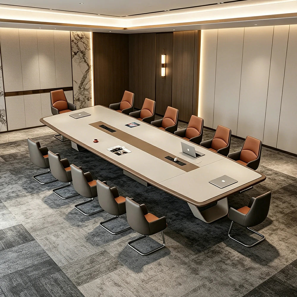 LUXORA 3.2m Executive Conference Table Set Premium Lacquer Desk with 10 Leather Chairs - Cream