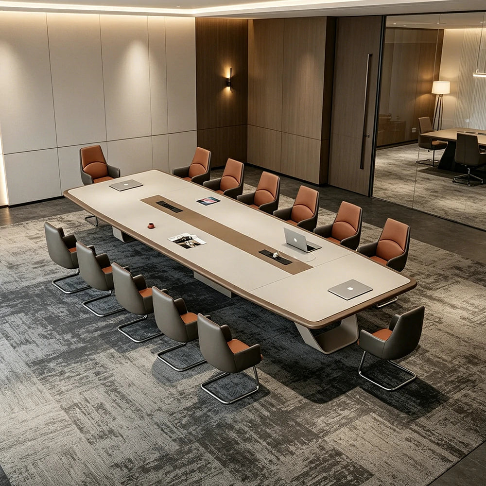 LUXORA 3.2m Executive Conference Table Set Premium Lacquer Desk with 10 Leather Chairs - Cream