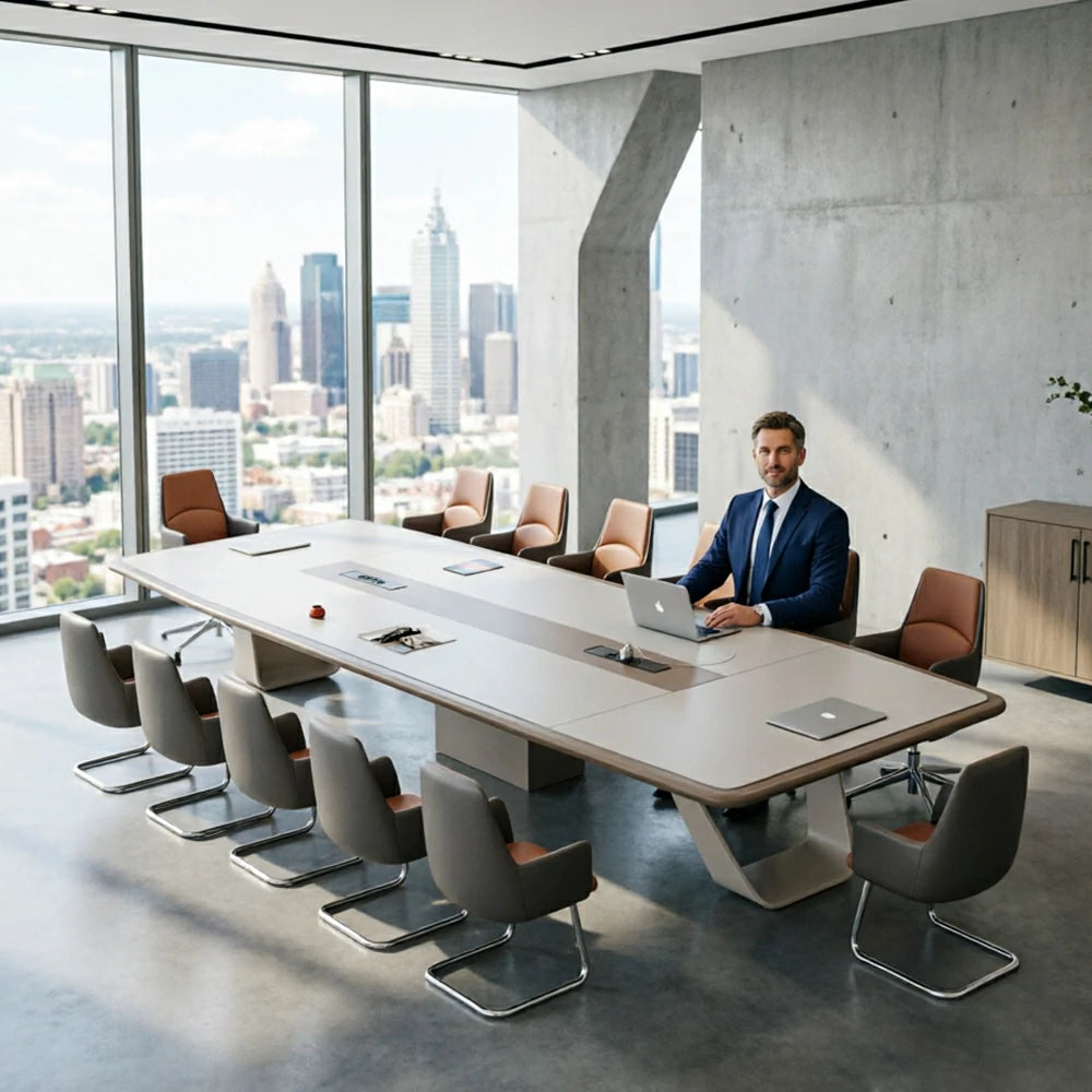 LUXORA 3.2m Executive Conference Table Set Premium Lacquer Desk with 10 Leather Chairs - Cream