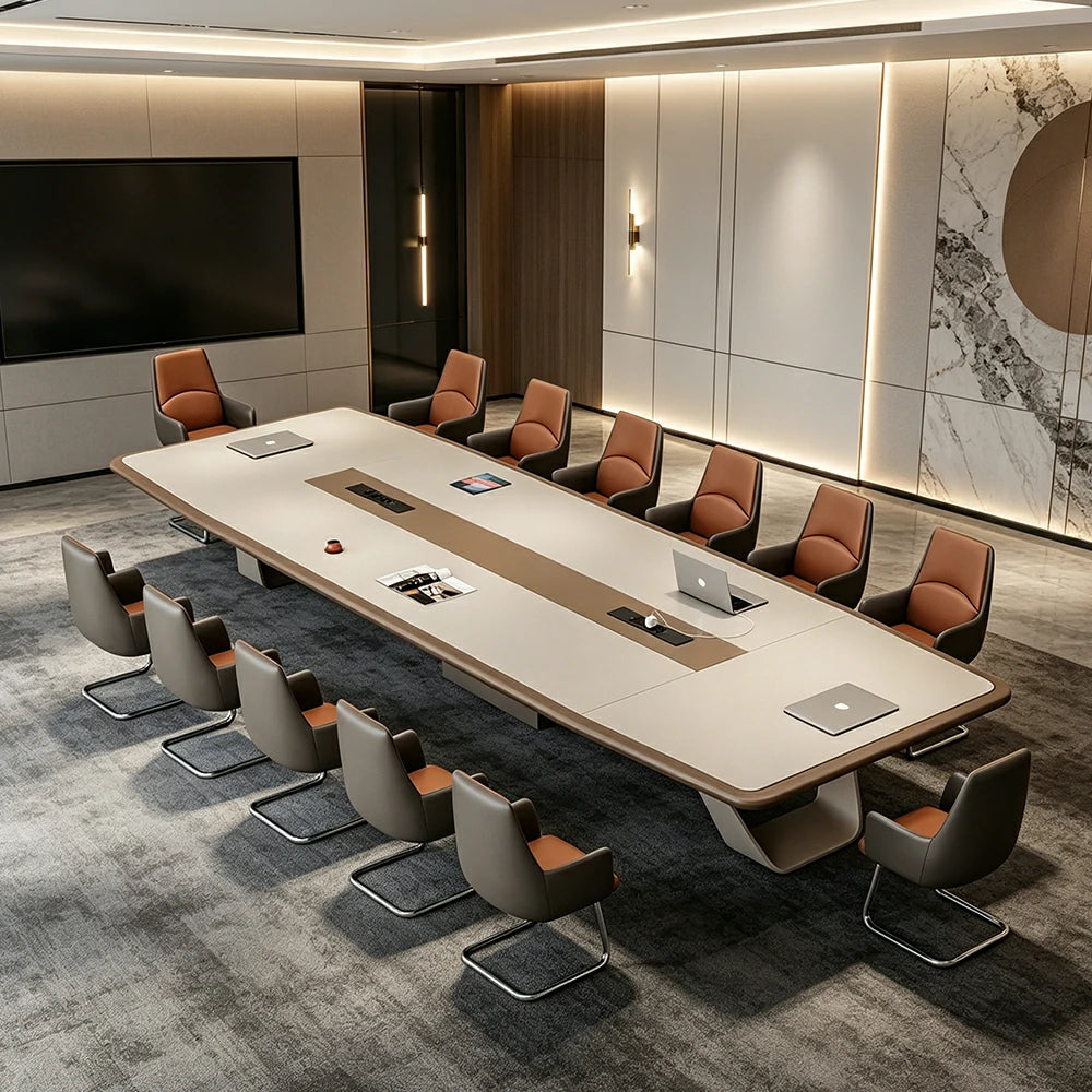 LUXORA 4m Executive Conference Table Set Premium Lacquer Desk with 12 Leather Chairs - Cream