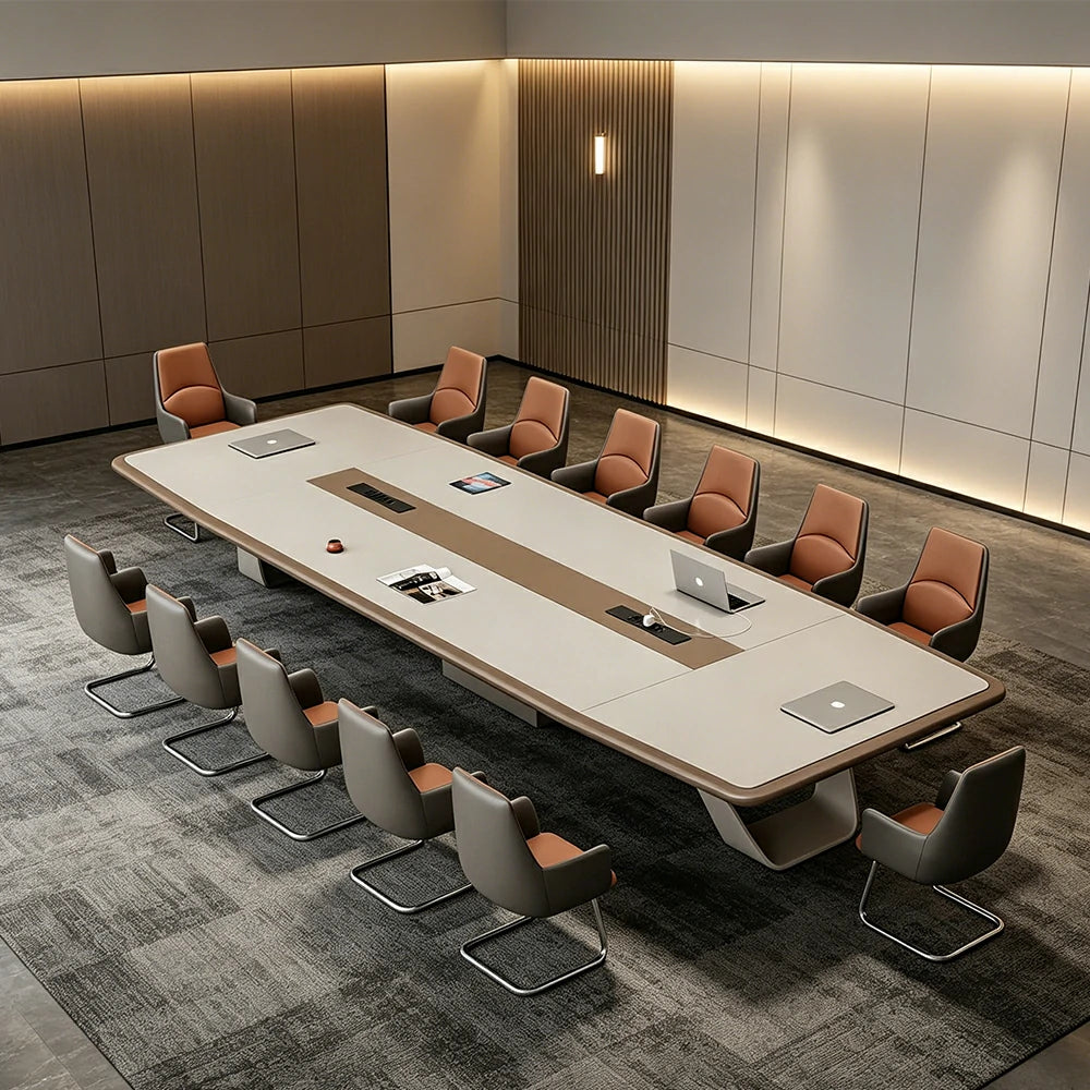 LUXORA 4m Executive Conference Table Set Premium Lacquer Desk with 12 Leather Chairs - Cream