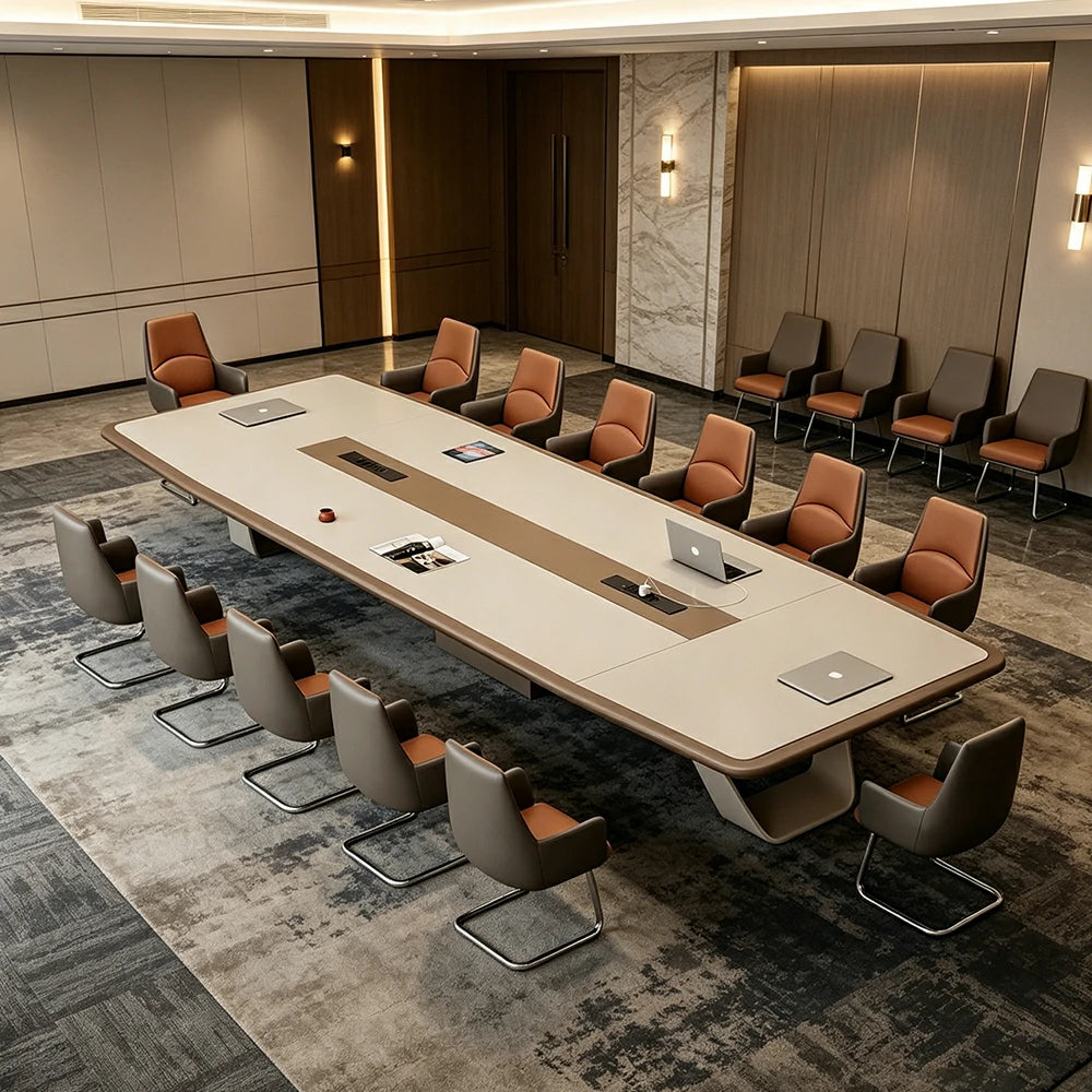 LUXORA 4m Executive Conference Table Set Premium Lacquer Desk with 12 Leather Chairs - Cream