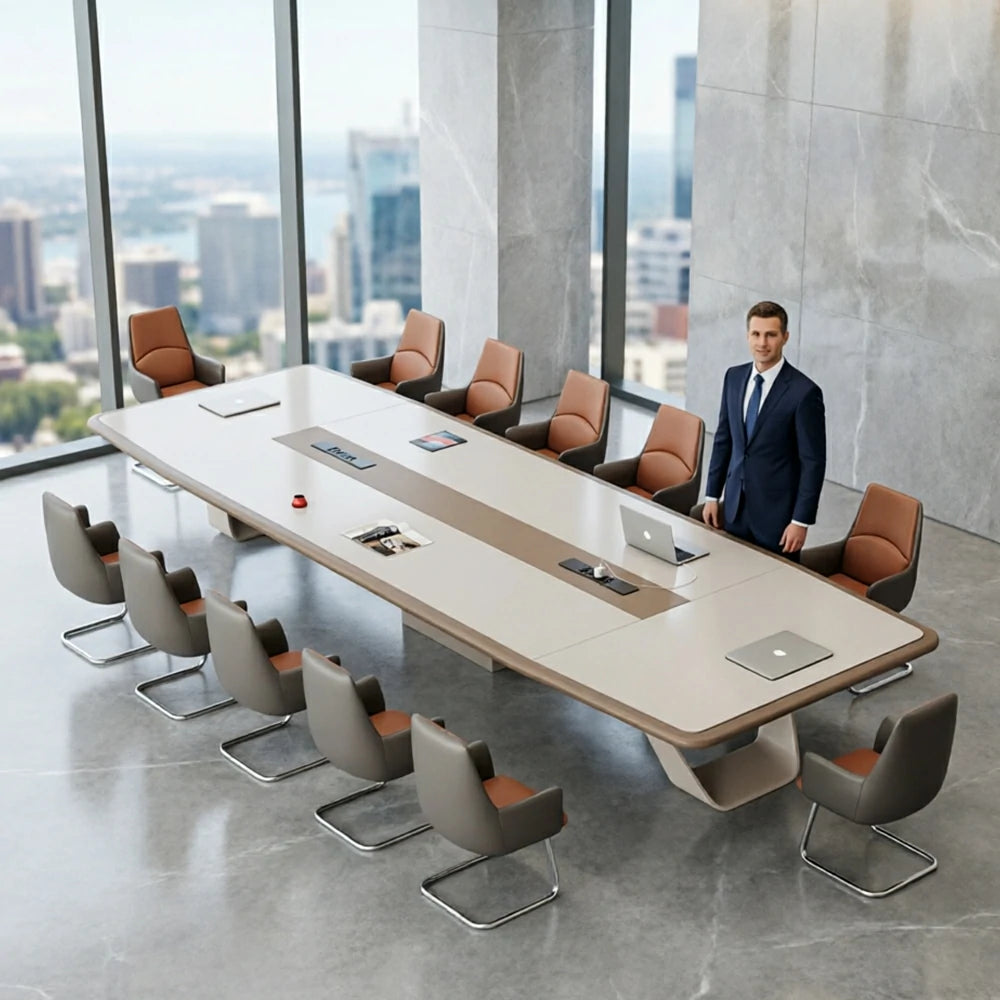 LUXORA 4m Executive Conference Table Set Premium Lacquer Desk with 12 Leather Chairs - Cream