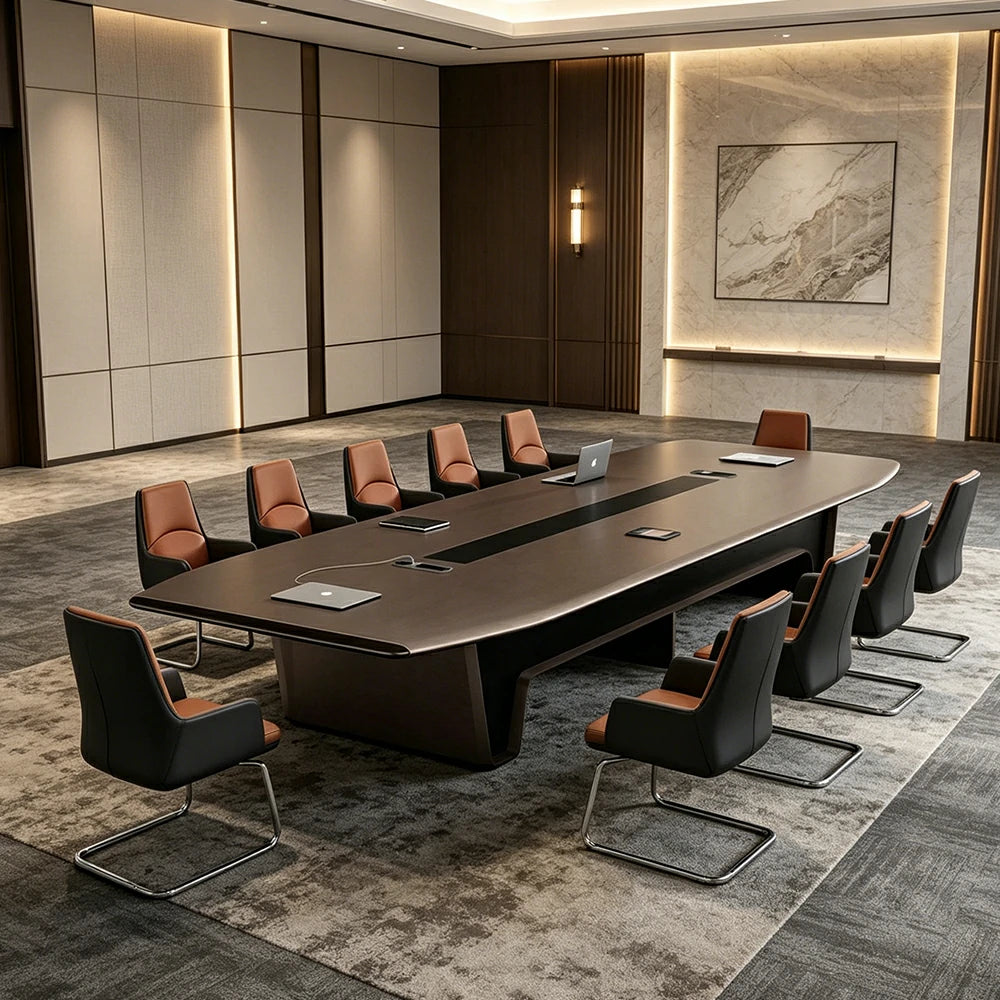LUXORA 2.4m Executive Conference Table Set Modern Large Meeting Desk with 8 Leather Chairs - Dark Brown