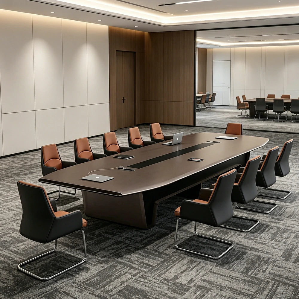 LUXORA 2.4m Executive Conference Table Set Modern Large Meeting Desk with 8 Leather Chairs - Dark Brown