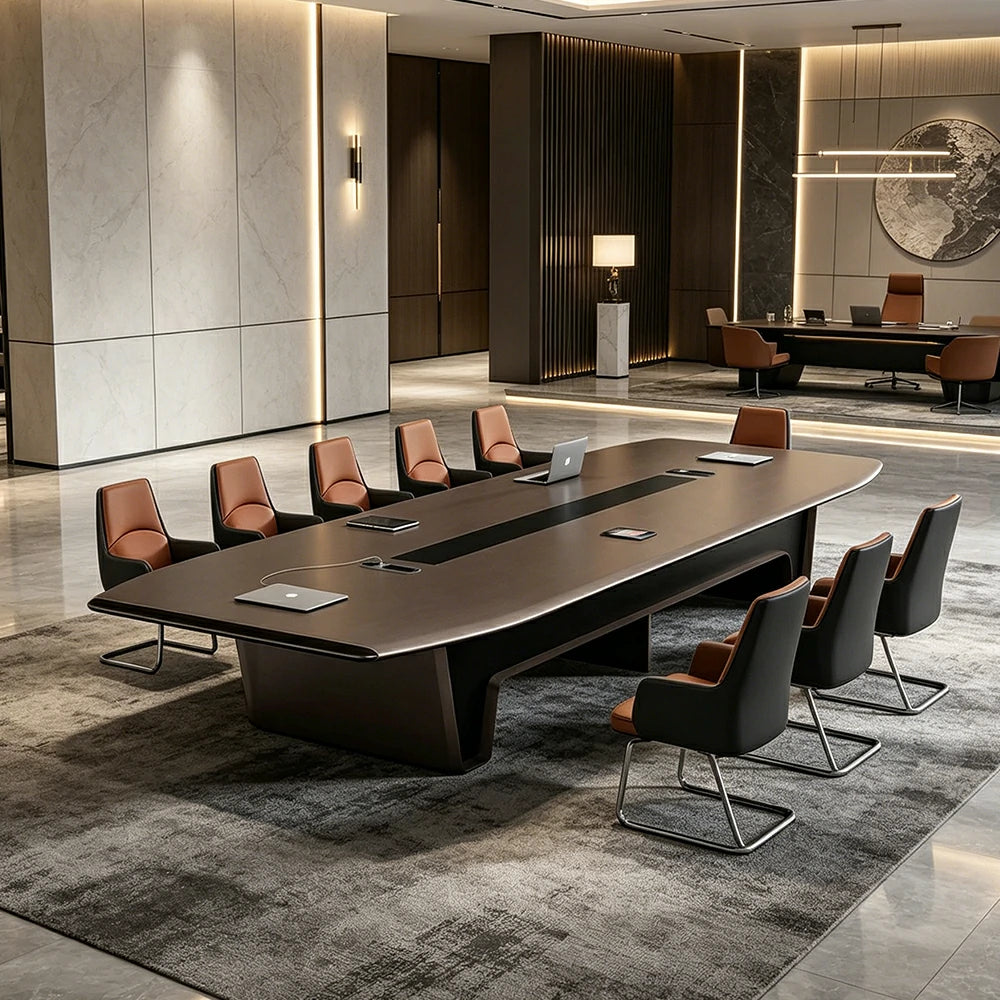 LUXORA 2.4m Executive Conference Table Set Modern Large Meeting Desk with 8 Leather Chairs - Dark Brown