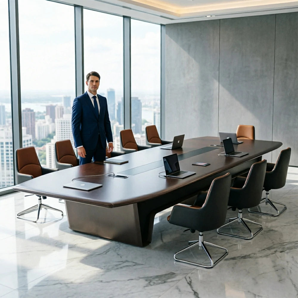 LUXORA 2.4m Executive Conference Table Set Modern Large Meeting Desk with 8 Leather Chairs - Dark Brown