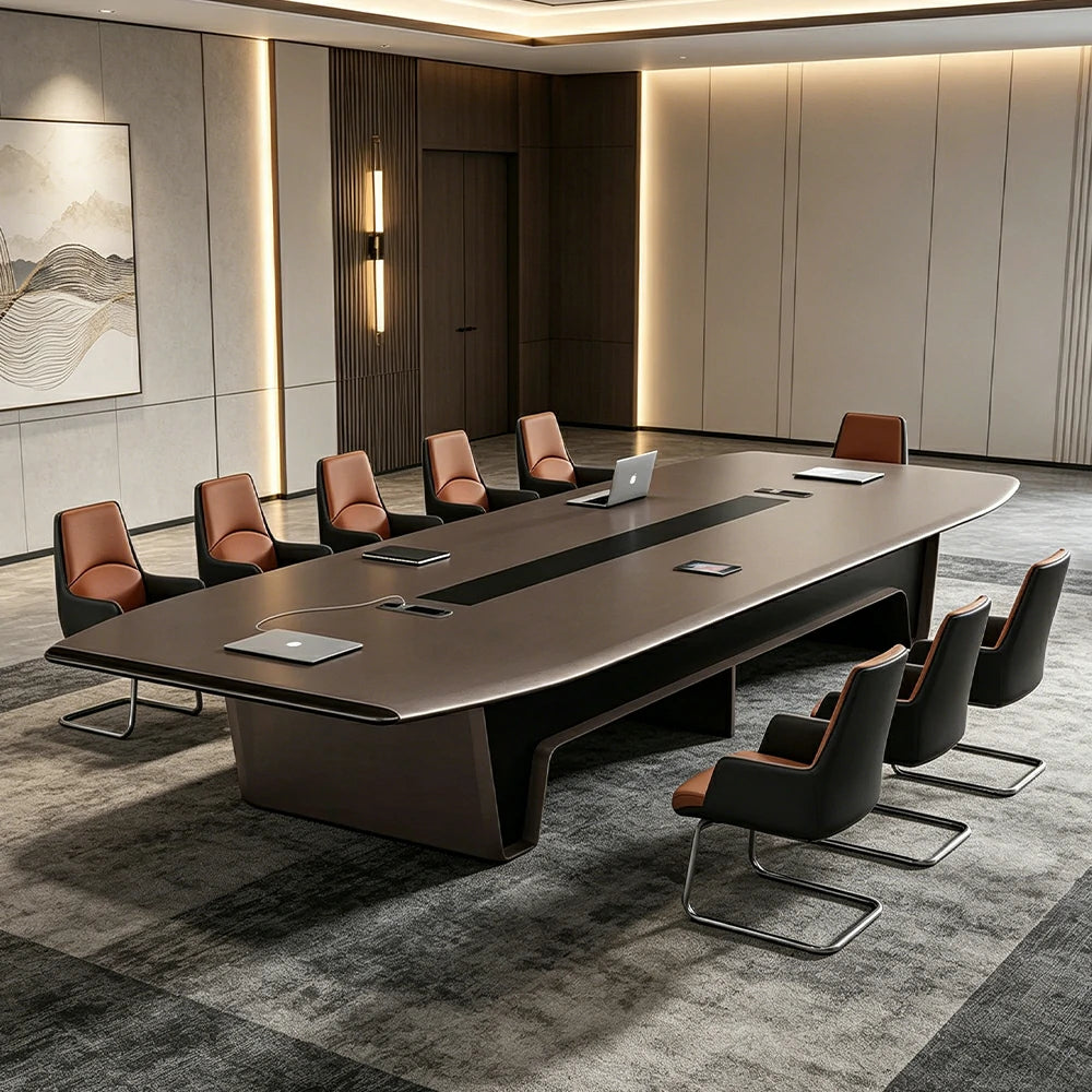 LUXORA 3.2m Conference Table Set Modern Large Meeting Desk with 10 Leather Chairs - Dark Brown