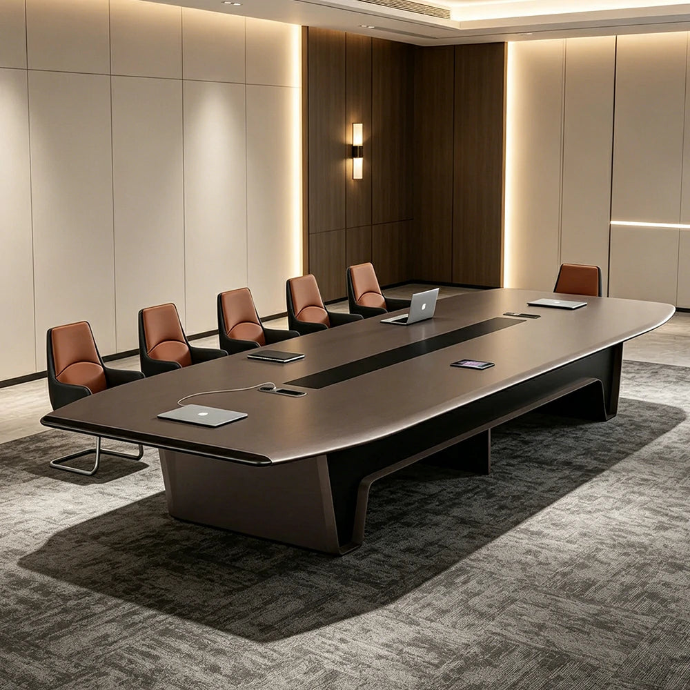 LUXORA 3.2m Conference Table Set Modern Large Meeting Desk with 10 Leather Chairs - Dark Brown