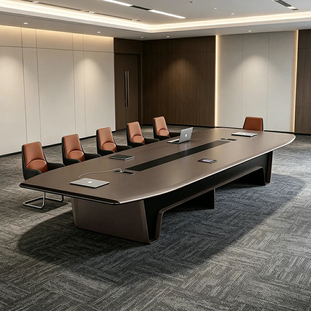 LUXORA 3.2m Conference Table Set Modern Large Meeting Desk with 10 Leather Chairs - Dark Brown