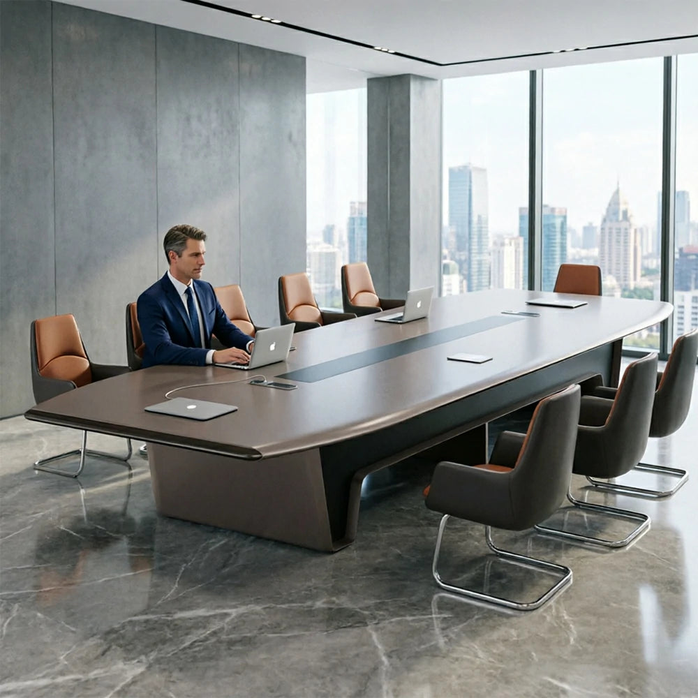 LUXORA 3.2m Conference Table Set Modern Large Meeting Desk with 10 Leather Chairs - Dark Brown
