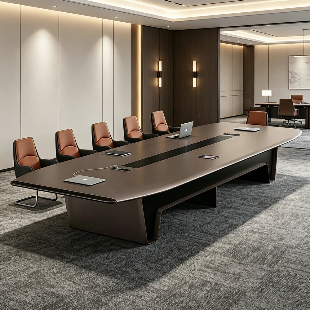 LUXORA 4m Conference Table Set Modern Large Meeting Desk with 12 Leather Chairs - Dark Brown