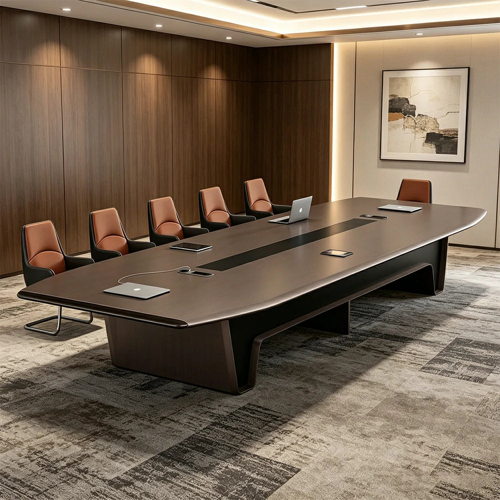 LUXORA 4m Conference Table Set Modern Large Meeting Desk with 12 Leather Chairs - Dark Brown