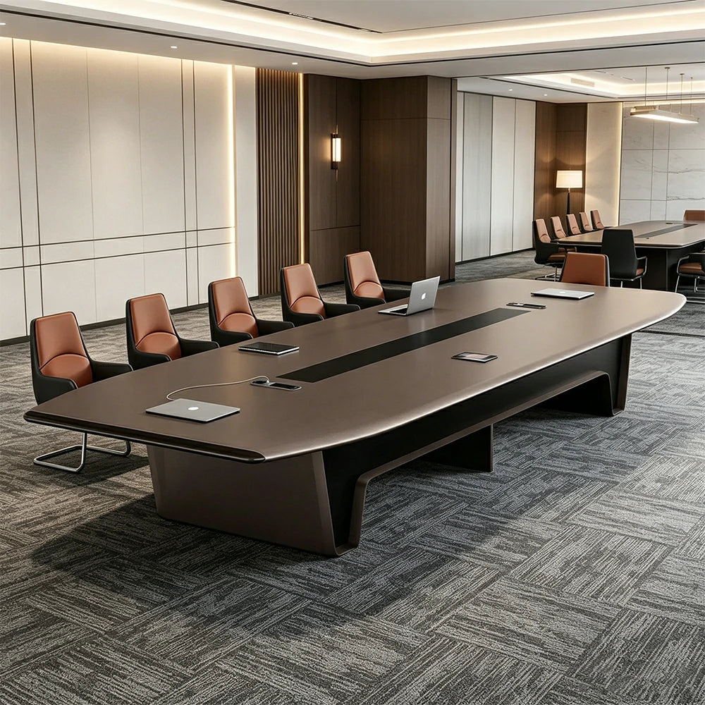 LUXORA 4m Conference Table Set Modern Large Meeting Desk with 12 Leather Chairs - Dark Brown