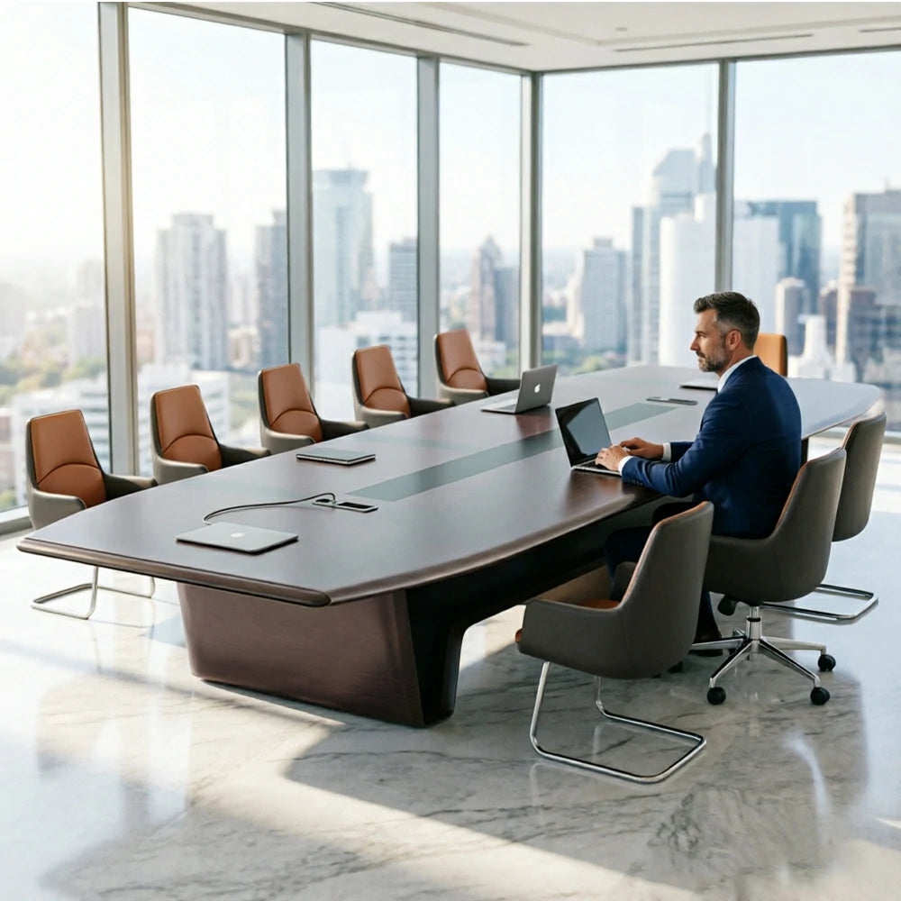 LUXORA 4m Conference Table Set Modern Large Meeting Desk with 12 Leather Chairs - Dark Brown