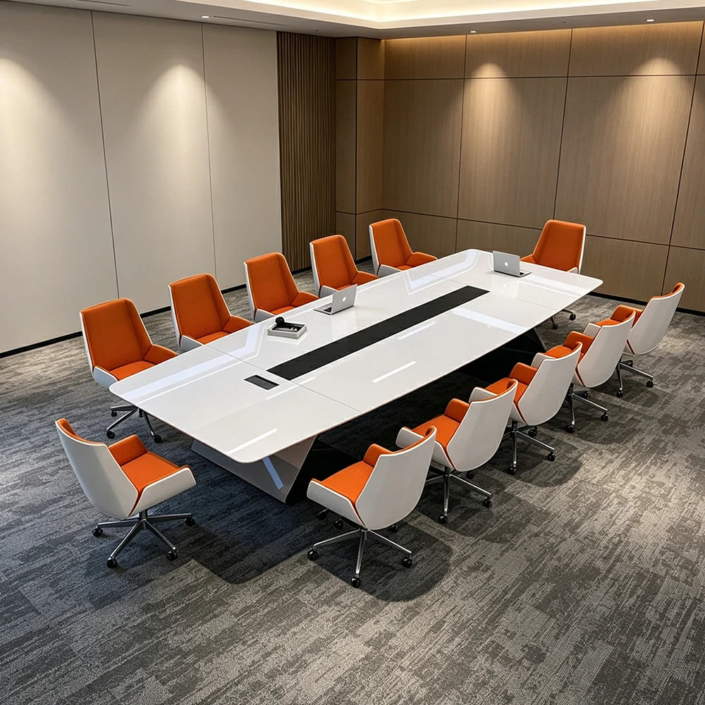 LUXORA 2.4m x 1.2m Conference Table Set Luxury Piano Paint Meeting Desk with 8 Chairs - White