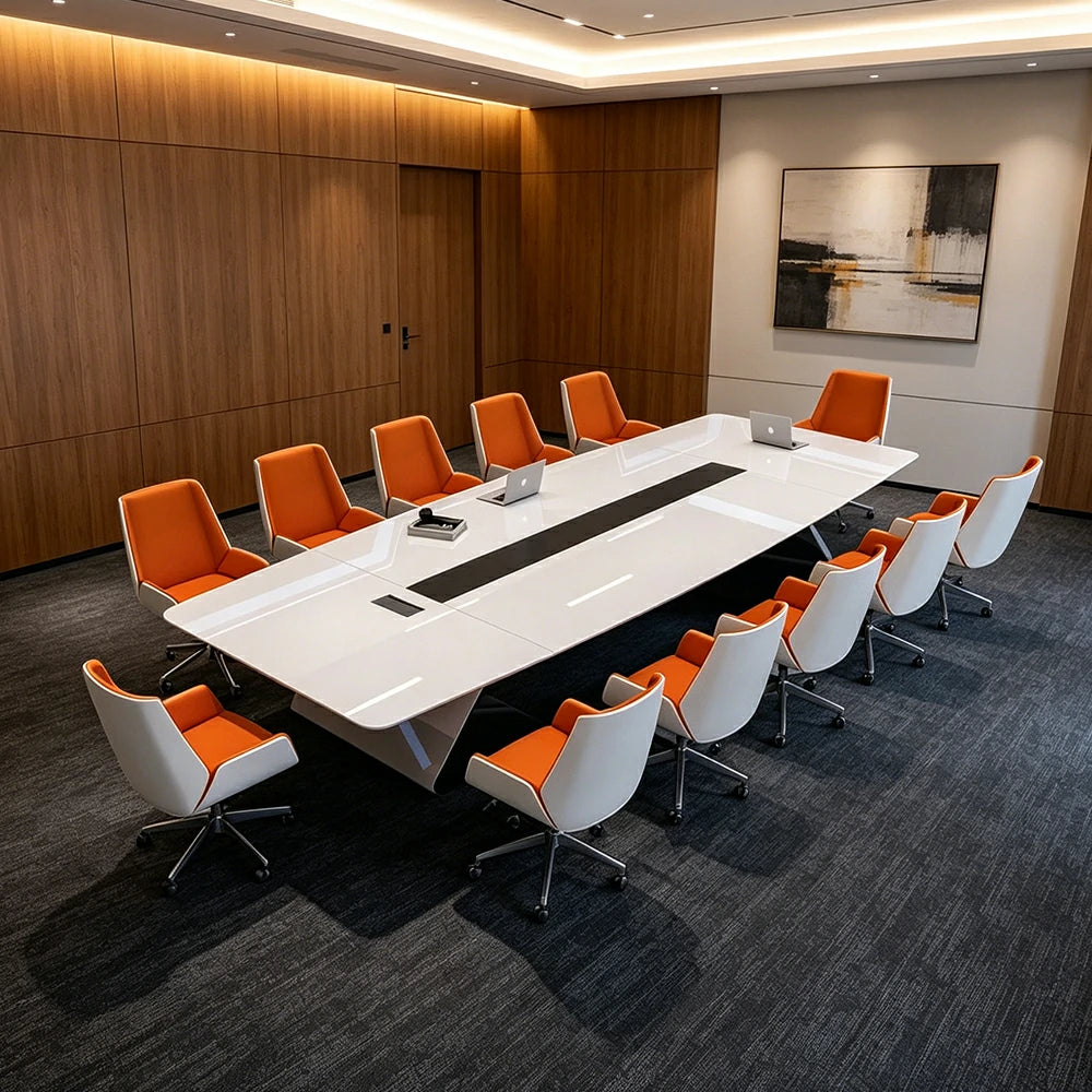 LUXORA 2.4m x 1.2m Conference Table Set Luxury Piano Paint Meeting Desk with 8 Chairs - White