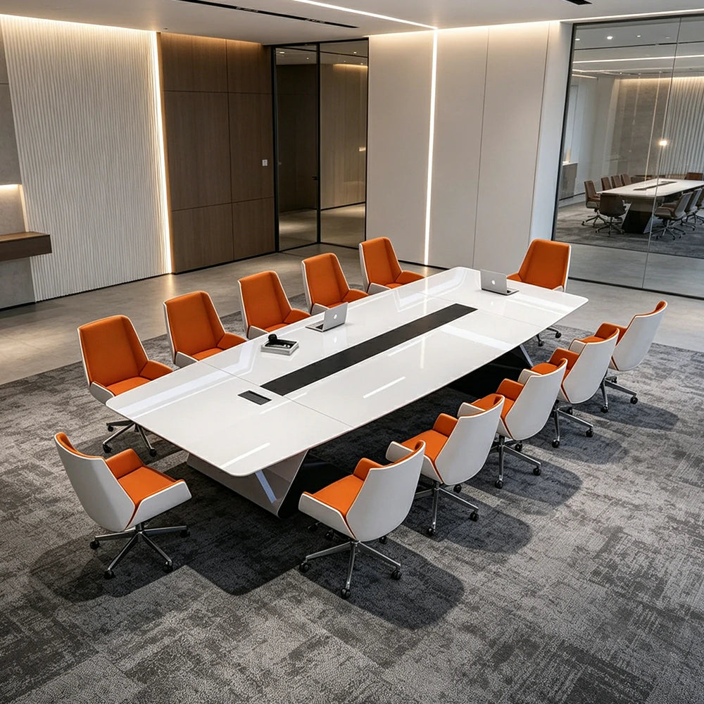 LUXORA 2.4m x 1.2m Conference Table Set Luxury Piano Paint Meeting Desk with 8 Chairs - White