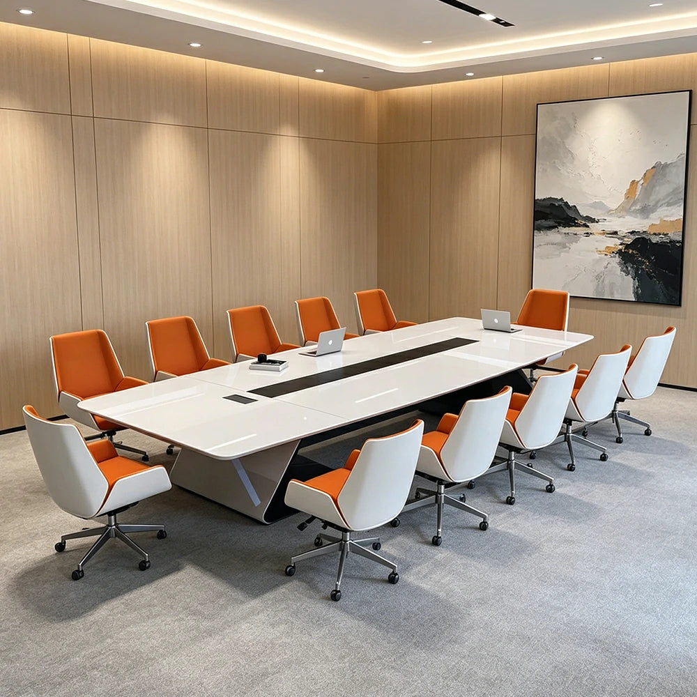 LUXORA 3.2m x 1.2m Conference Table Set Luxury Piano Paint Meeting Desk with 10 Chairs - White