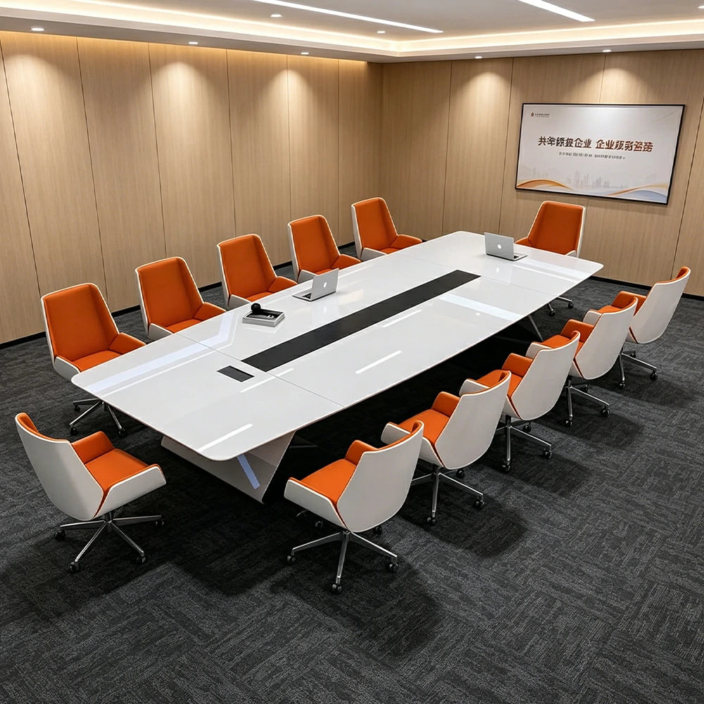 LUXORA 3.2m x 1.2m Conference Table Set Luxury Piano Paint Meeting Desk with 10 Chairs - White