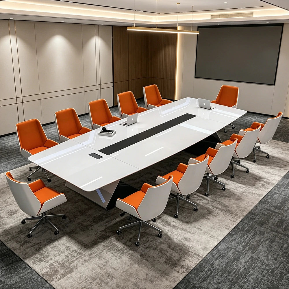 LUXORA 3.2m x 1.2m Conference Table Set Luxury Piano Paint Meeting Desk with 10 Chairs - White