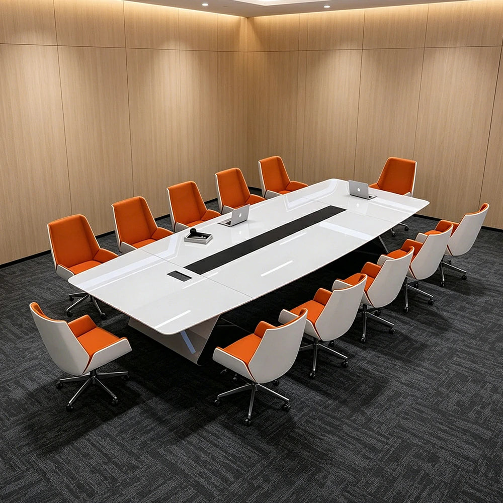 LUXORA 4M Luxury Piano Paint Conference Table Set with 12 Chairs for Meeting Room - White