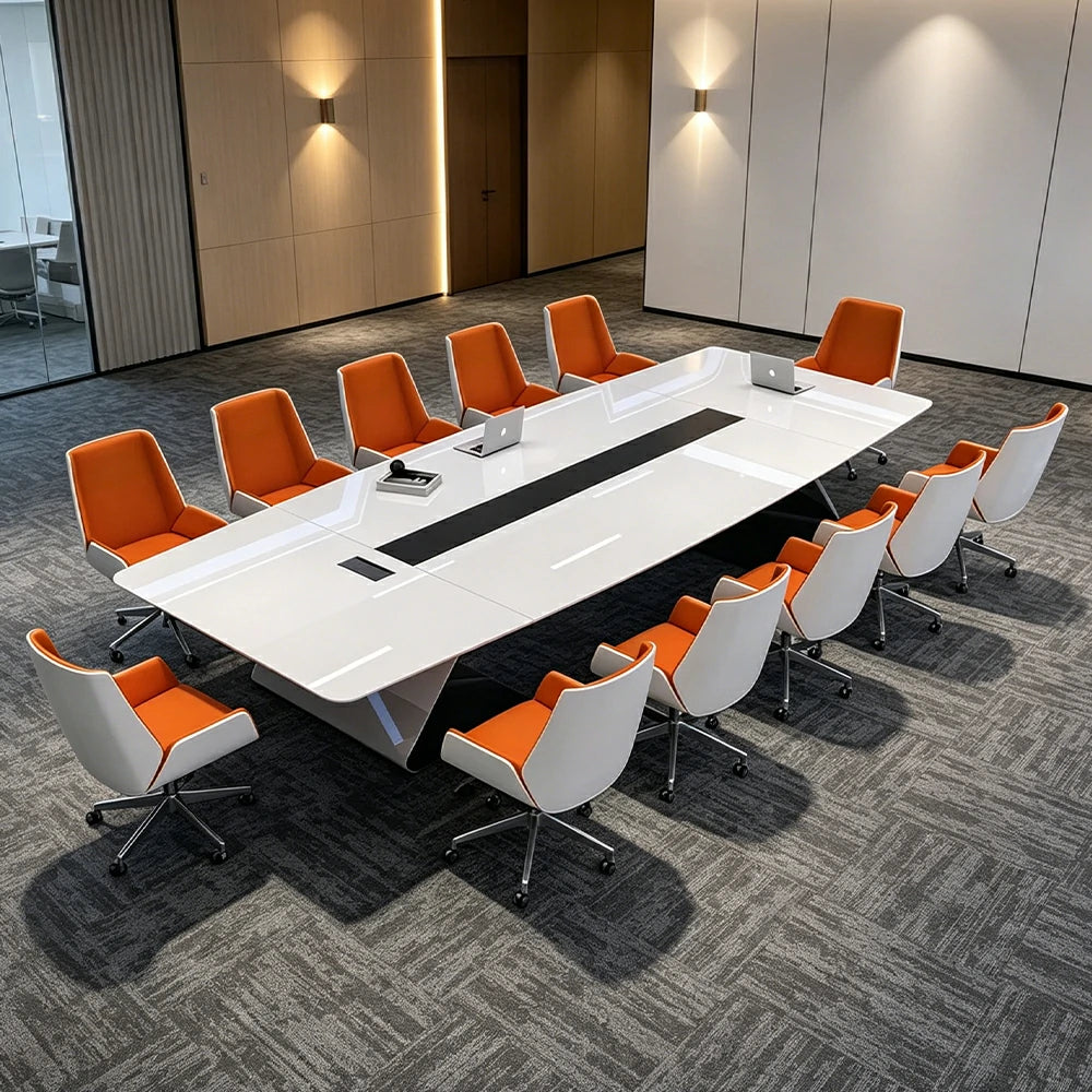 LUXORA 4M Luxury Piano Paint Conference Table Set with 12 Chairs for Meeting Room - White