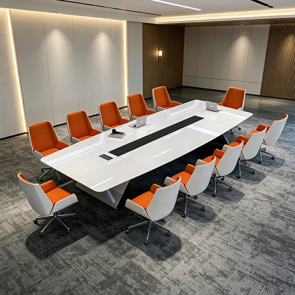 LUXORA 4M Luxury Piano Paint Conference Table Set with 12 Chairs for Meeting Room - White