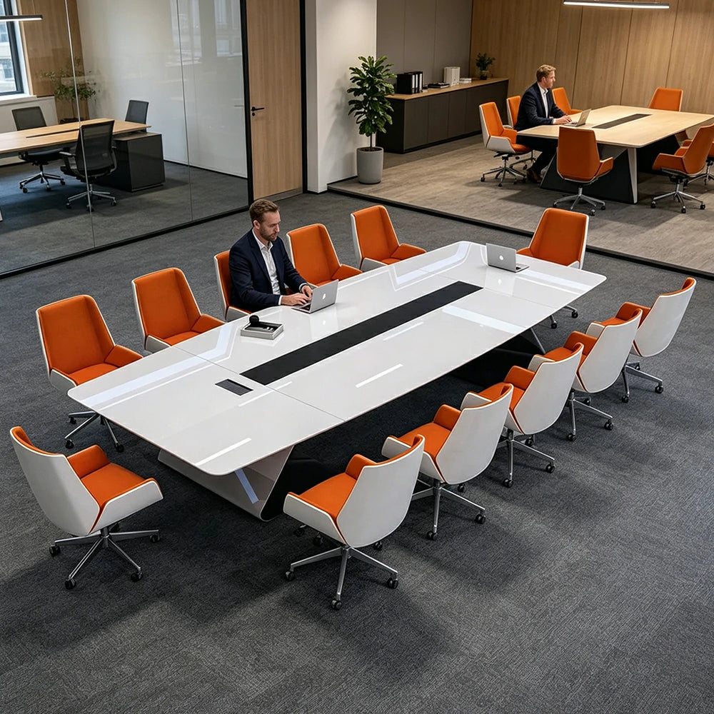 LUXORA 4M Luxury Piano Paint Conference Table Set with 12 Chairs for Meeting Room - White