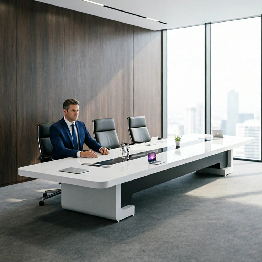 LUXORA 240/320/400cm Piano Lacquer Conference Table Modern Executive Meeting Desk - White