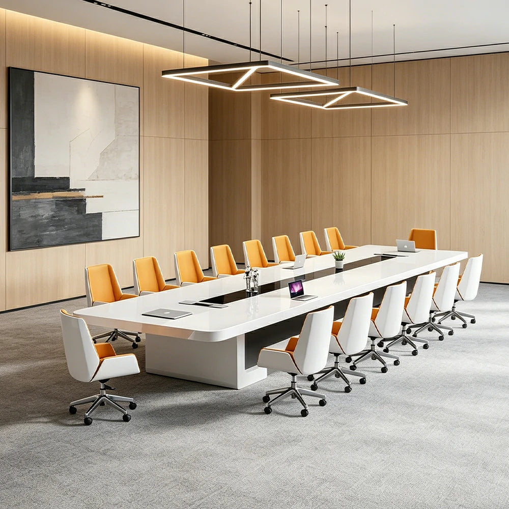 LUXORA 240cm Executive Conference Table Set Modern Piano Lacquer Meeting Desk with 8 Chairs - White